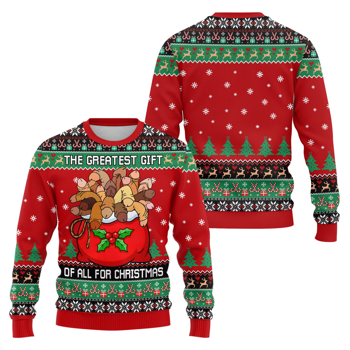 Detailed front view of the funny adult ugly sweater