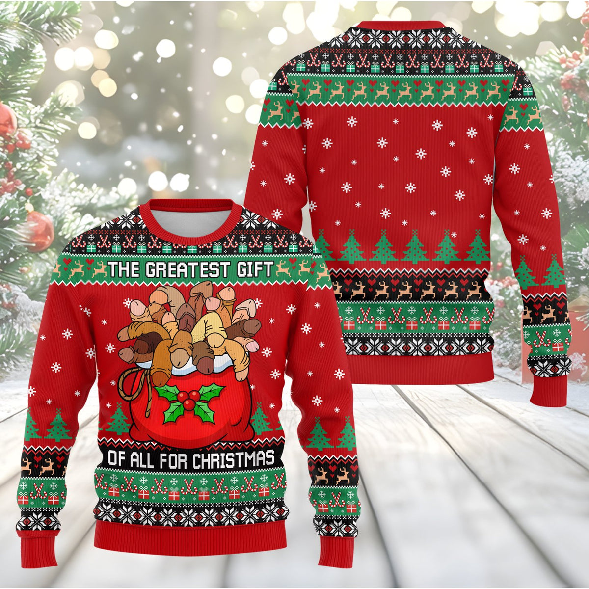 Close up front view of the adult humor ugly Christmas sweater