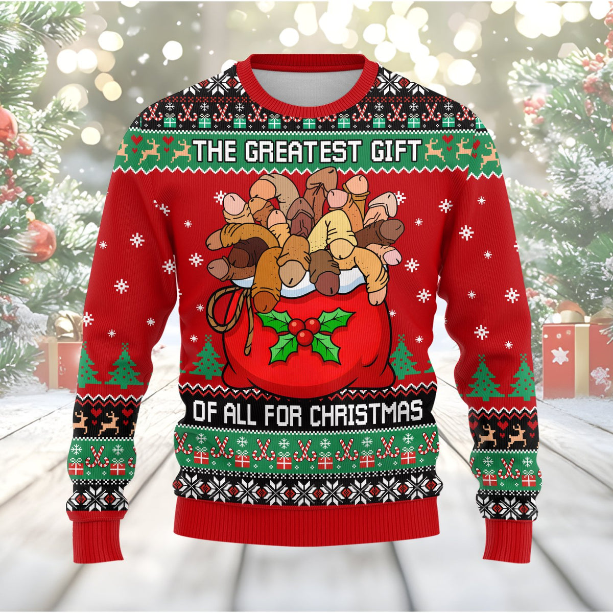 Red adult ugly Christmas sweater featuring adult humor design, main view