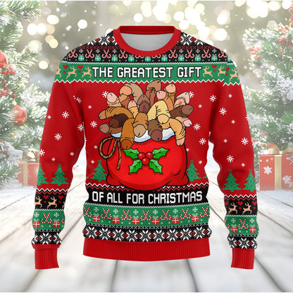Red adult ugly Christmas sweater featuring adult humor design, main view