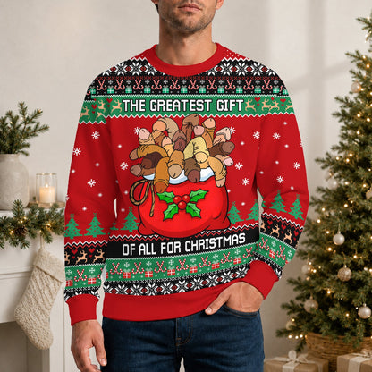 Second lifestyle view of the red adult humor ugly Christmas sweater