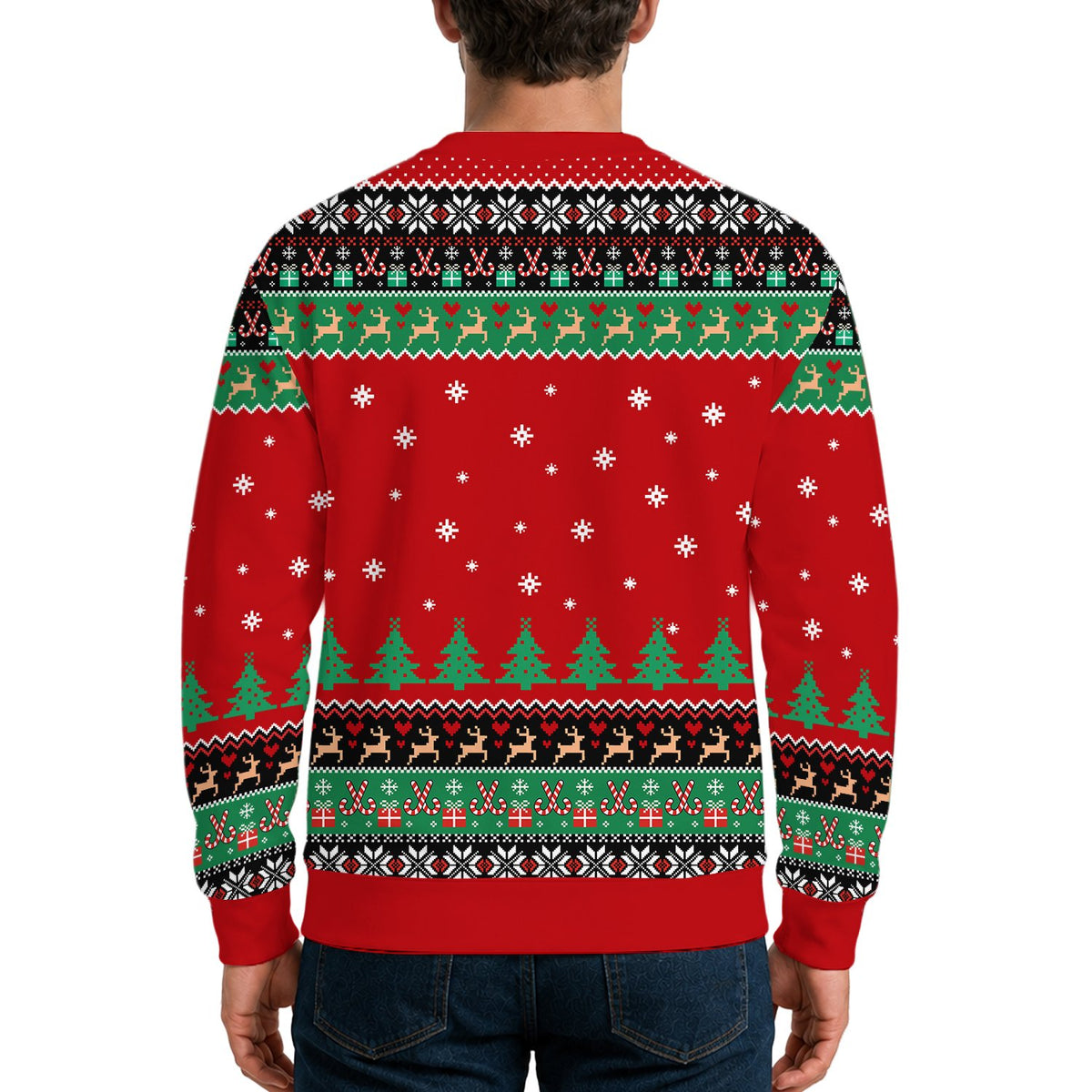 Third lifestyle view showing the adult ugly sweater at a holiday party