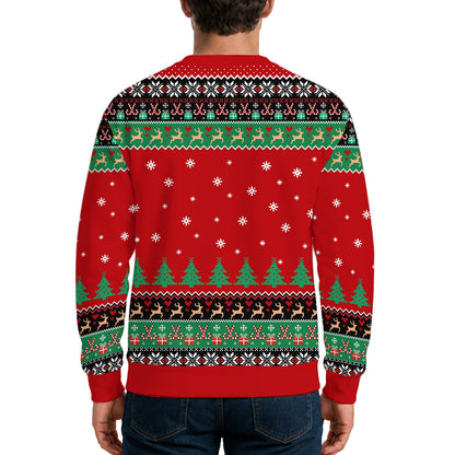 Third lifestyle view showing the adult ugly sweater at a holiday party