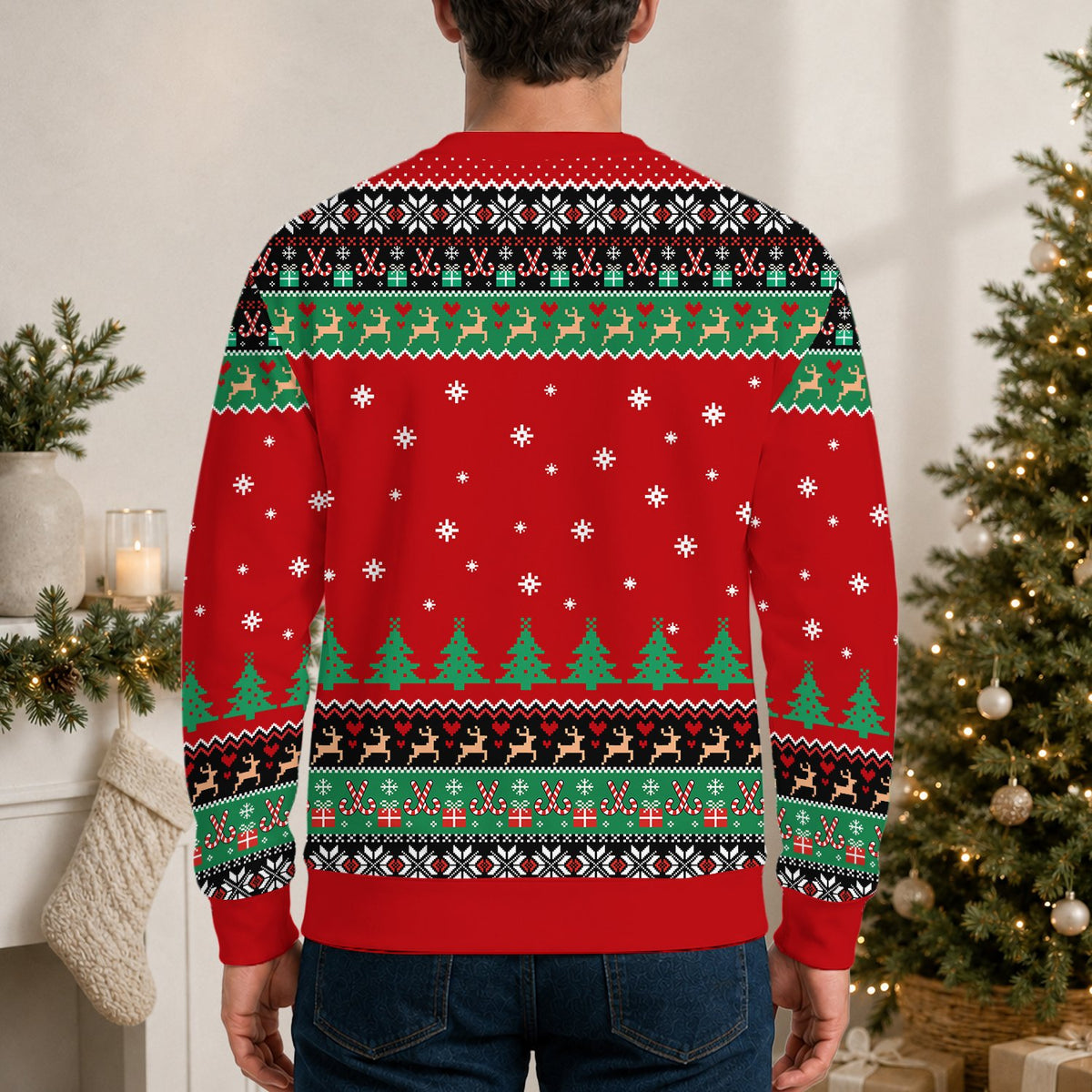 Fourth lifestyle view of the cheeky adult ugly Christmas sweater