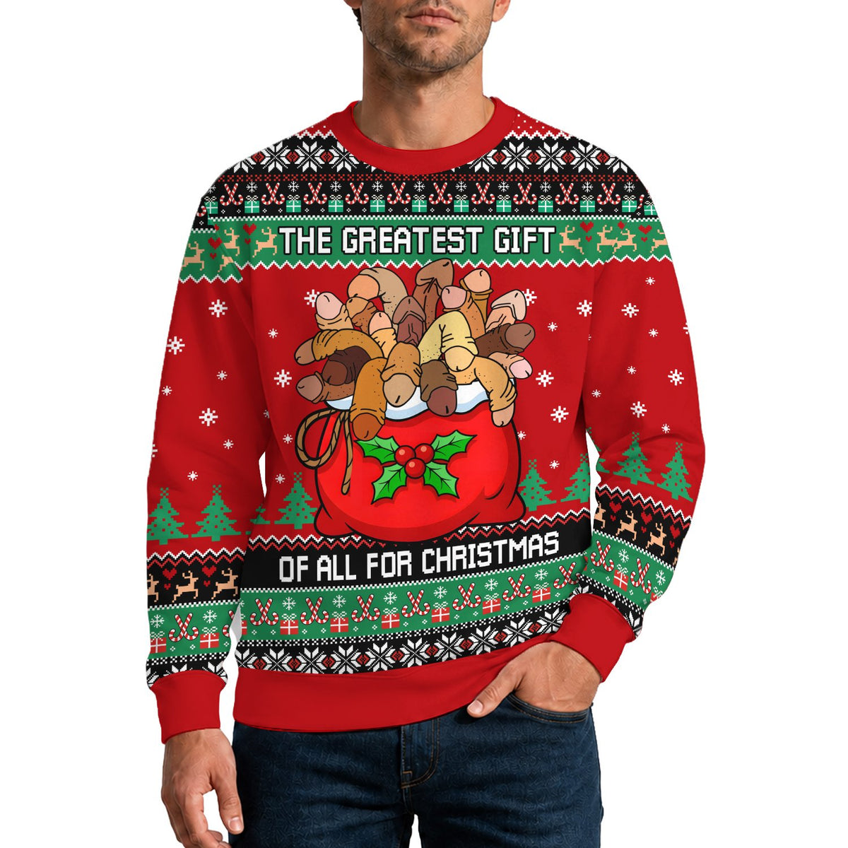 Lifestyle view of someone wearing the funny adult ugly sweater