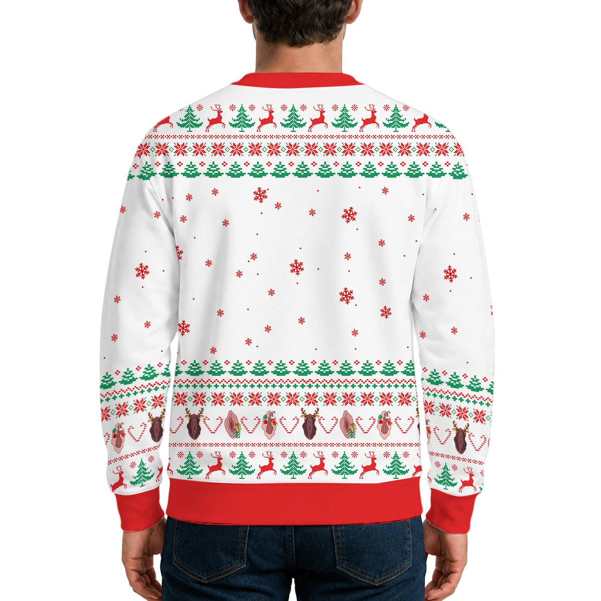Third back view of the white adult humor ugly Christmas sweater