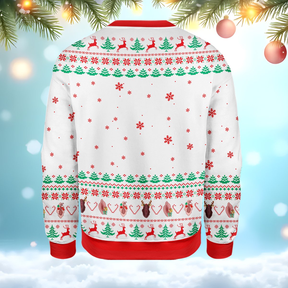 Fourth back view of the white adult humor ugly Christmas sweater