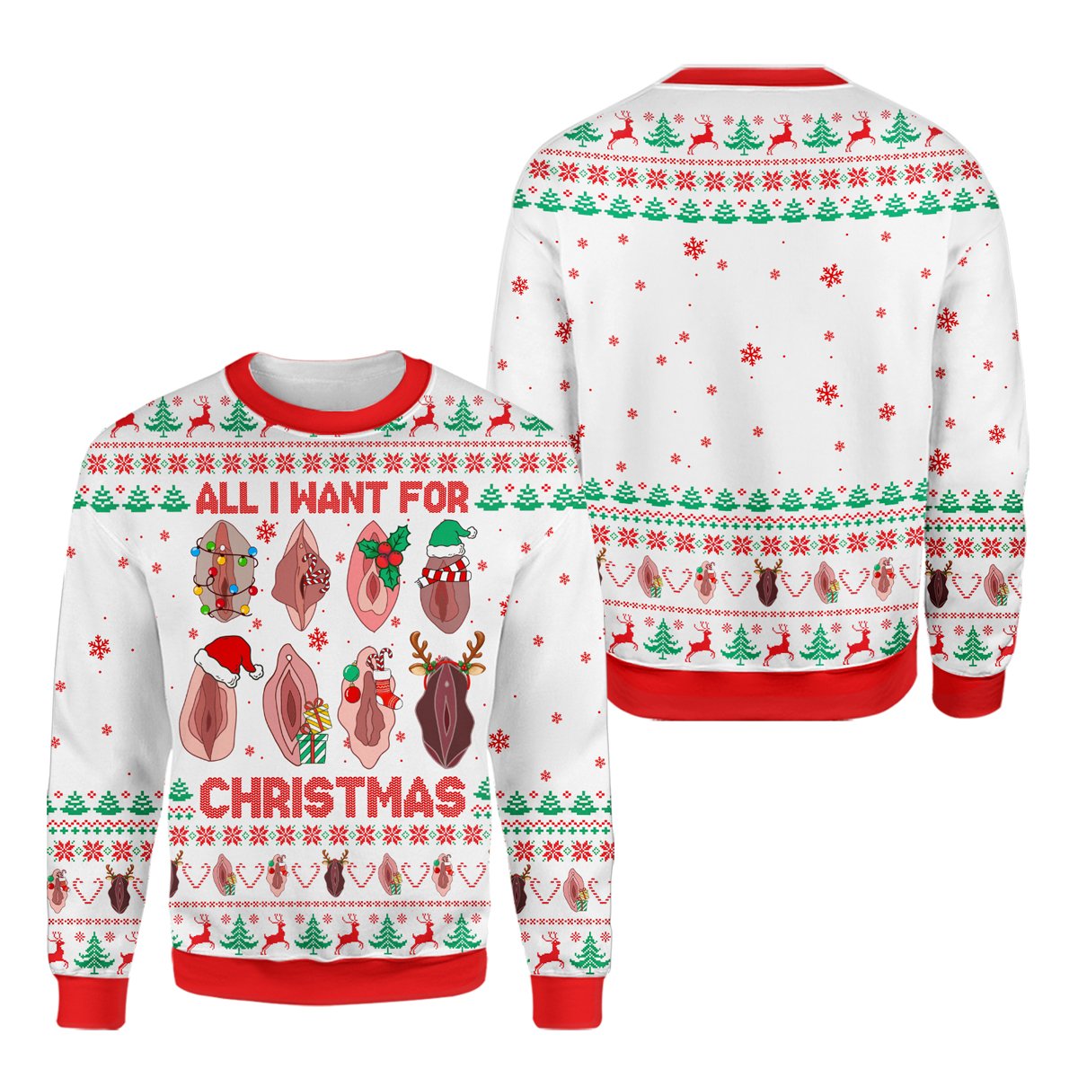 Close-up front view of the white adult humor ugly Christmas sweater