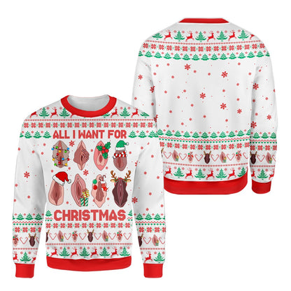 Close-up front view of the white adult humor ugly Christmas sweater