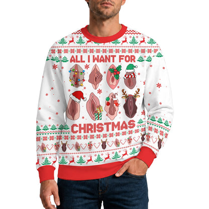 White adult humor ugly Christmas sweater featuring festive fair isle pattern and text, main view