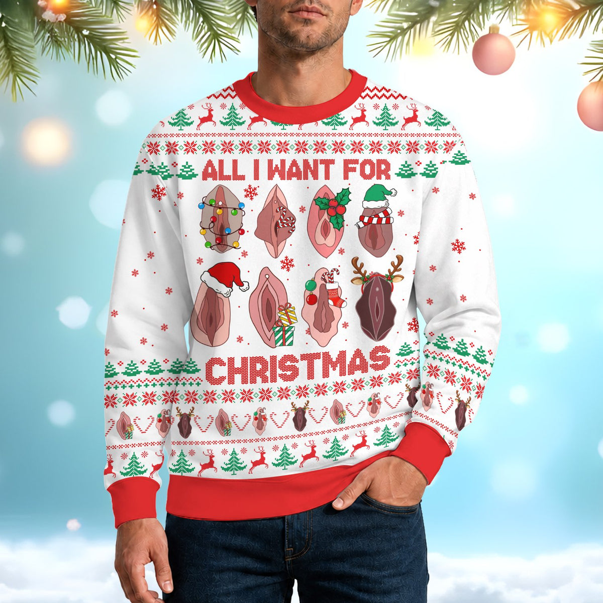 Lifestyle view of the white adult humor ugly Christmas sweater