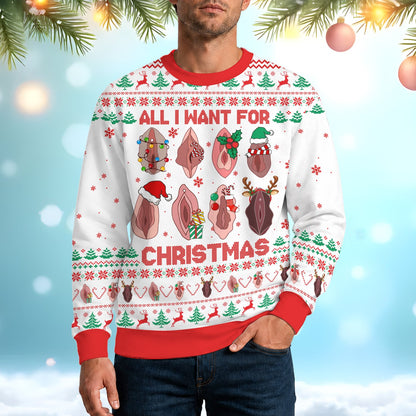 Lifestyle view of the white adult humor ugly Christmas sweater