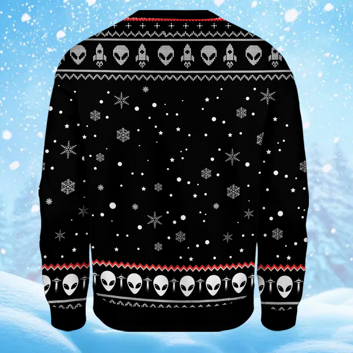 Detailed back view showing the all-over holiday pattern