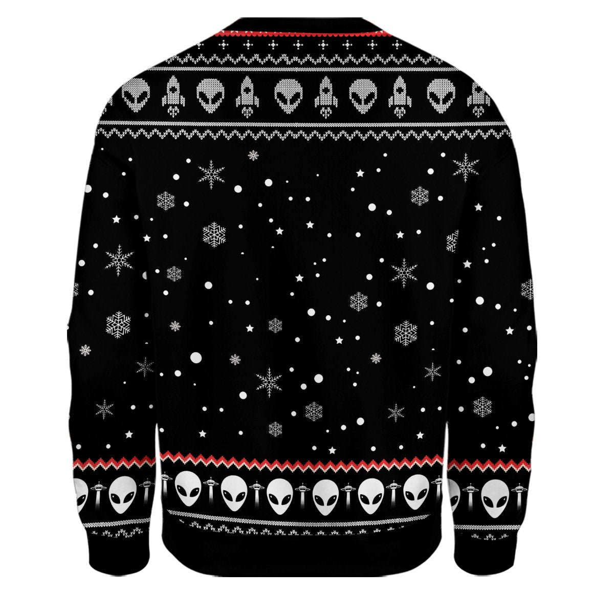 Back view of the black ugly christmas sweater alien design