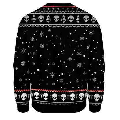 Back view of the black ugly christmas sweater alien design