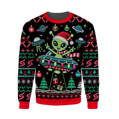 Detailed front view of the alien ugly christmas sweater design on black