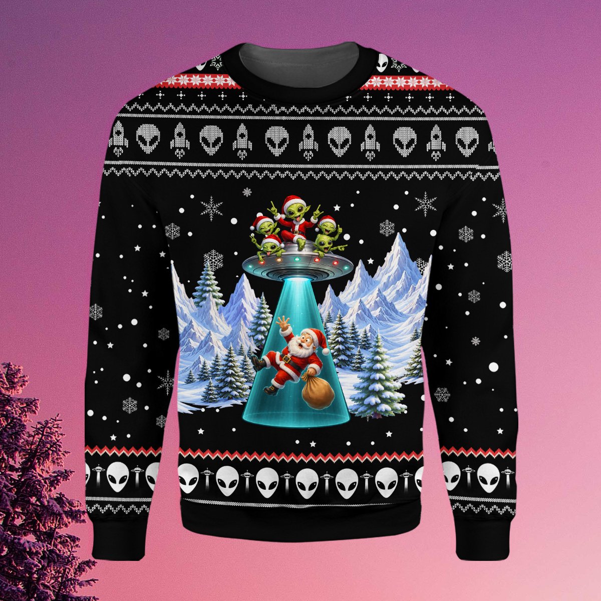 Detailed front view of the holiday ugly sweater featuring rockets and snowflakes