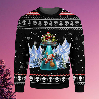 Detailed front view of the holiday ugly sweater featuring rockets and snowflakes