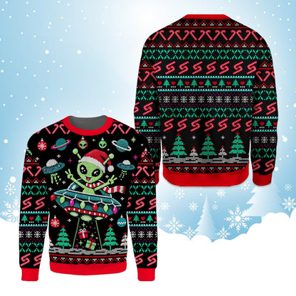 Close-up front view of the alien ugly sweater