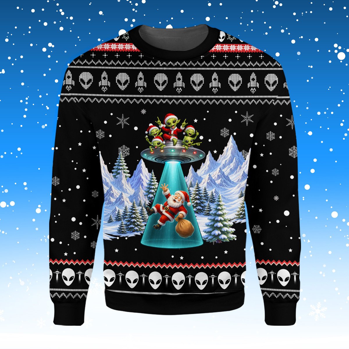 Close-up front view of the festive alien and Santa Claus design