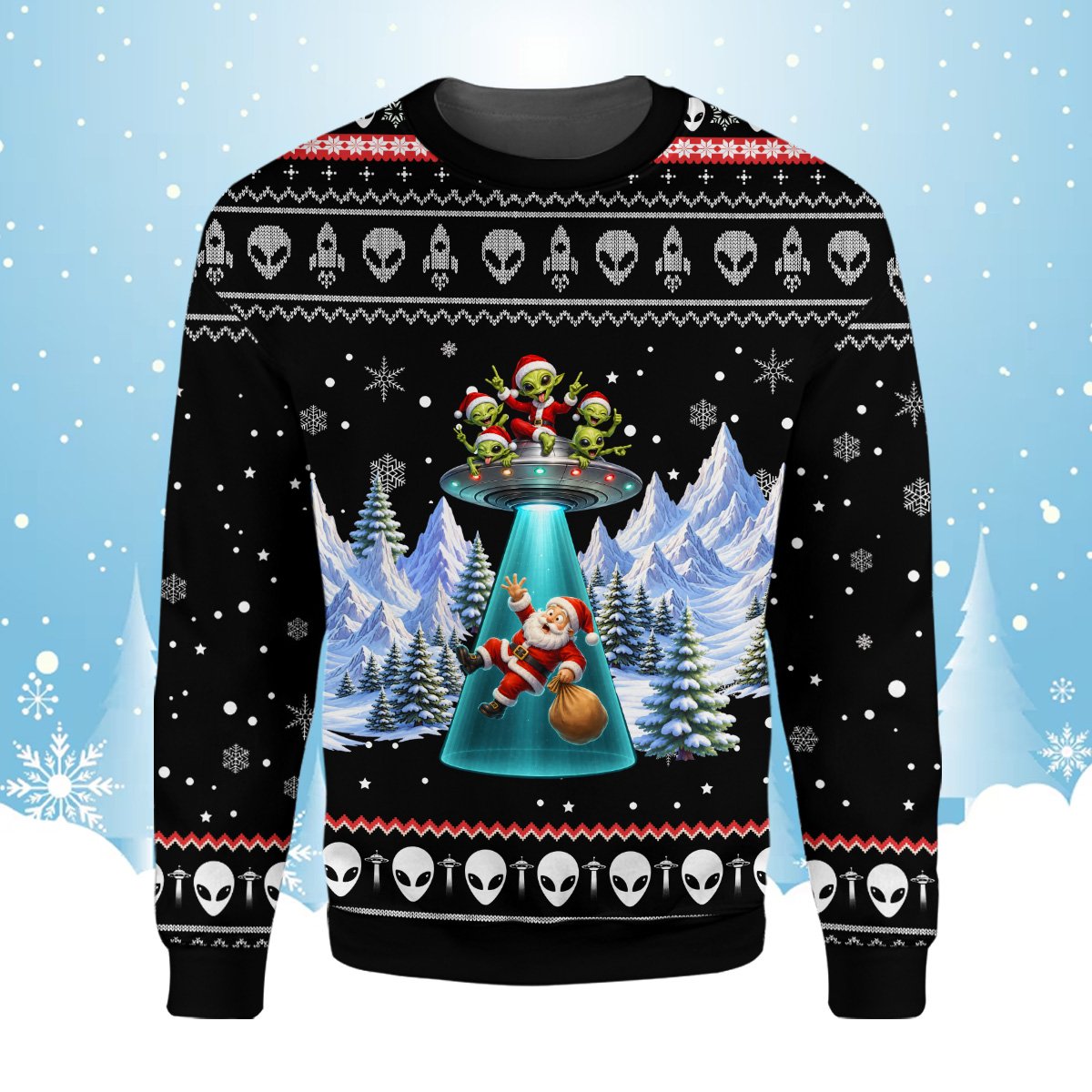 Another front view of the black alien ugly christmas sweater