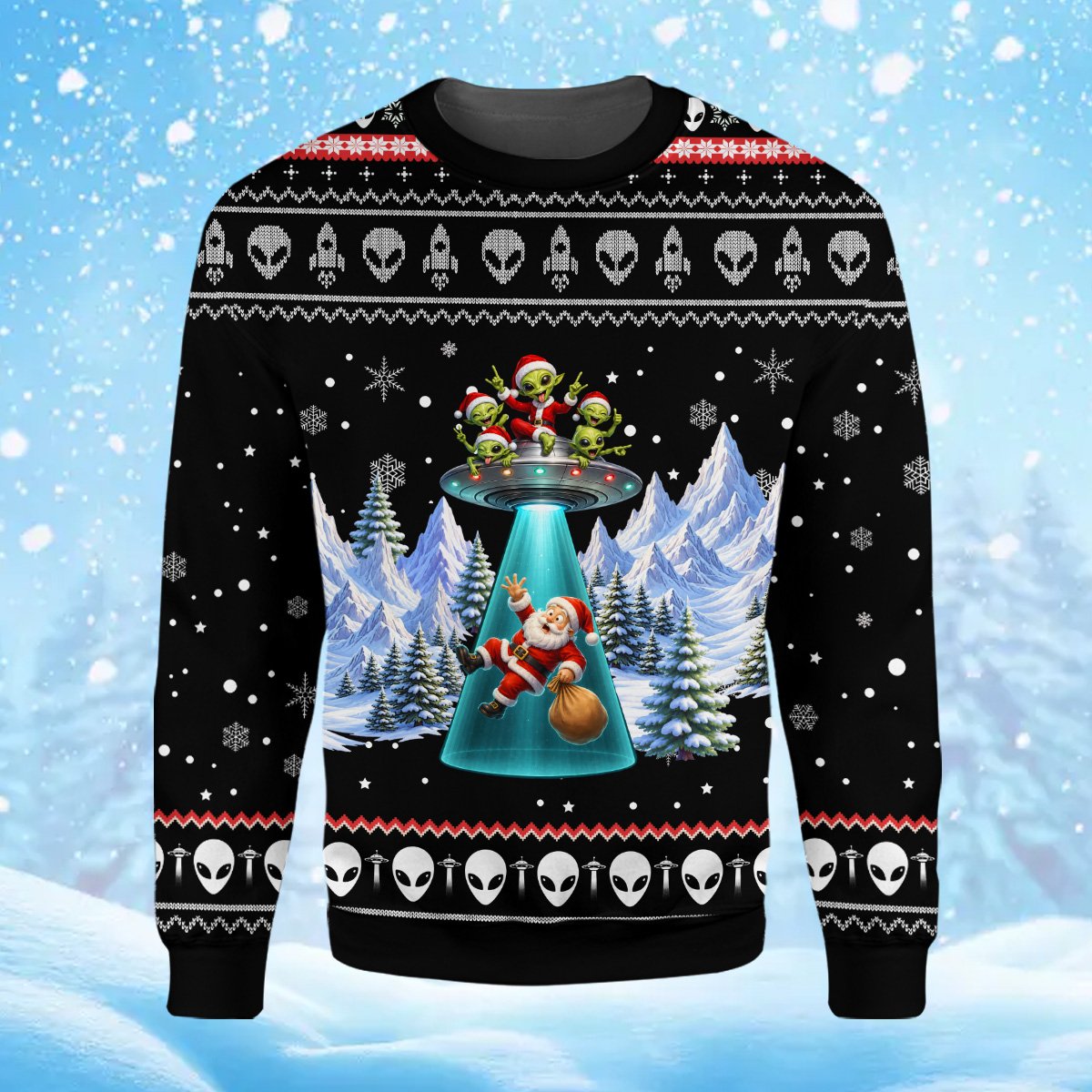 Front view of the alien ugly sweater with snowy mountains and green aliens