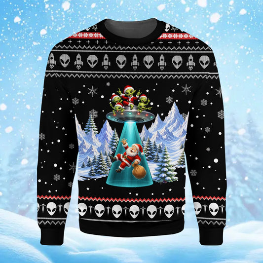 Main view of the ugly christmas sweater alien design showing a UFO beaming up Santa on a black background