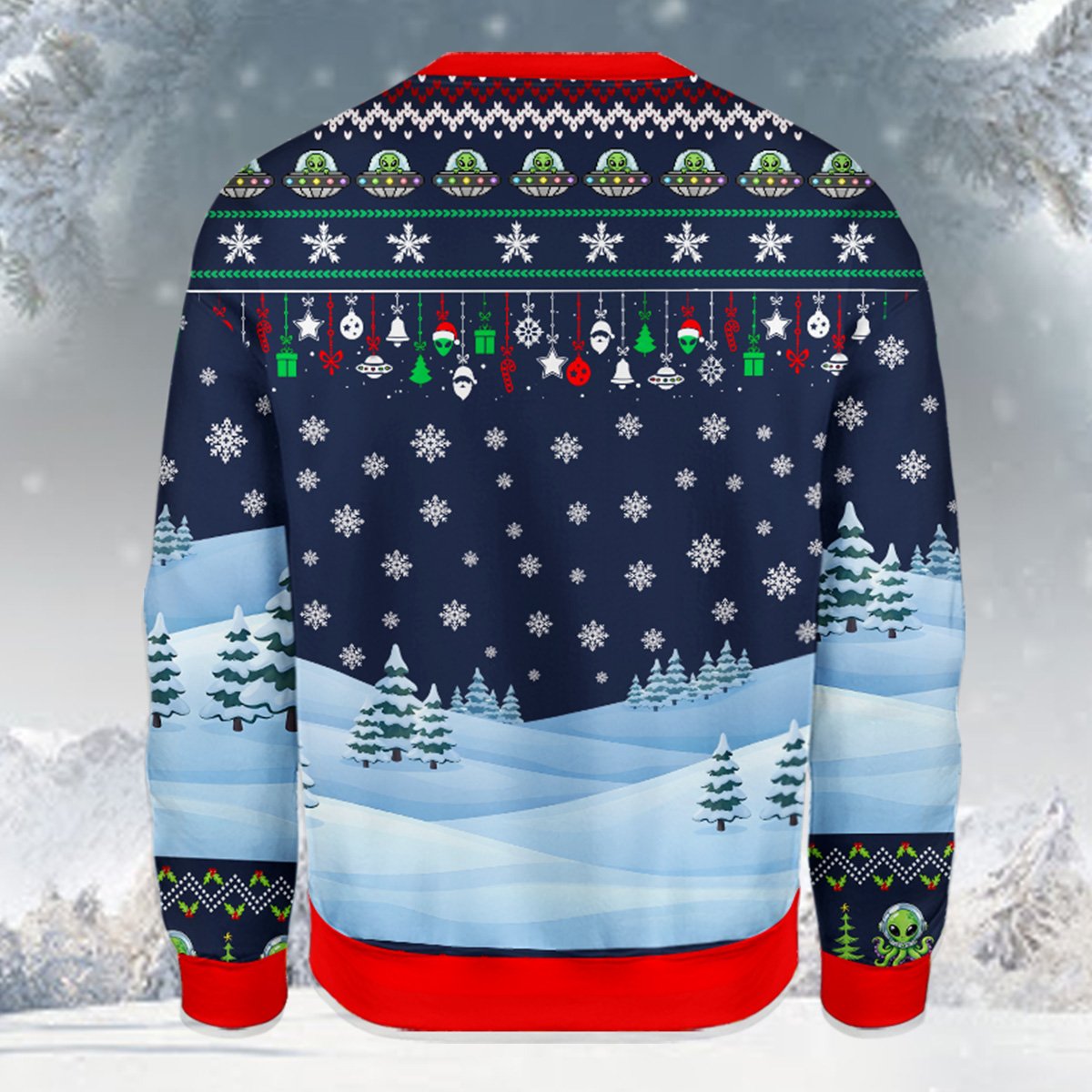 Back view of the multicolor alien ugly christmas sweater