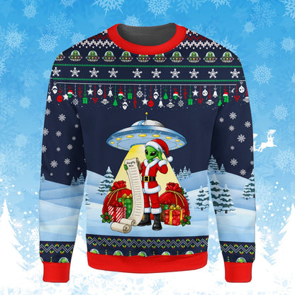 Front view of the alien ugly christmas sweater featuring a faux-knit holiday pattern