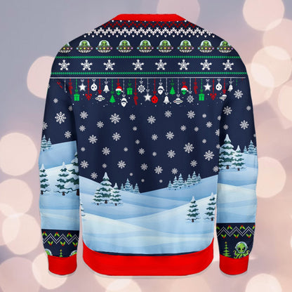 Back view of the navy alien ugly christmas sweater