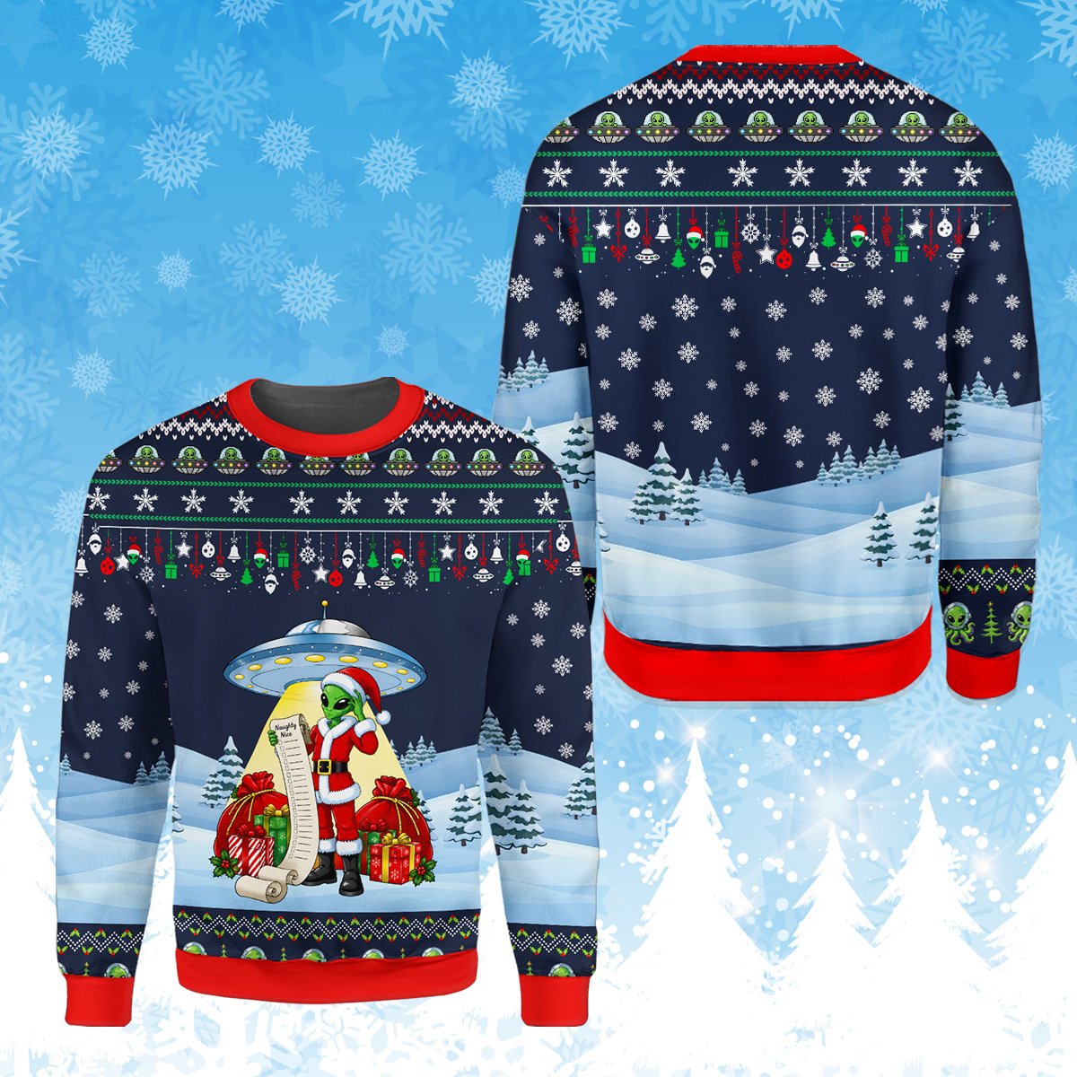 Navy alien ugly christmas sweater with contrasting red collar and cuffs, front view