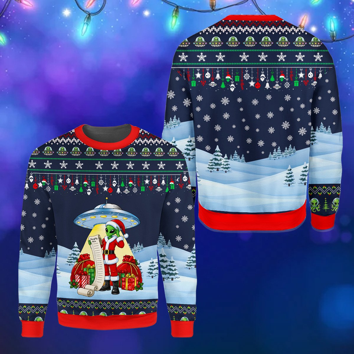 Close up front view of the alien ugly sweater design