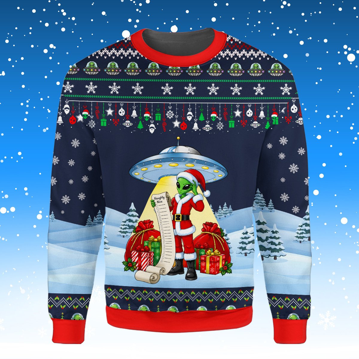 Additional front view of the alien christmas ugly sweater