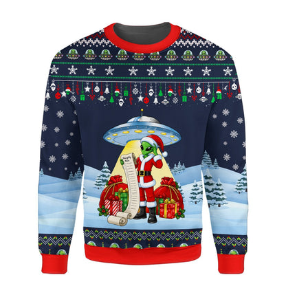 Adult holiday ugly sweater with alien theme, front view