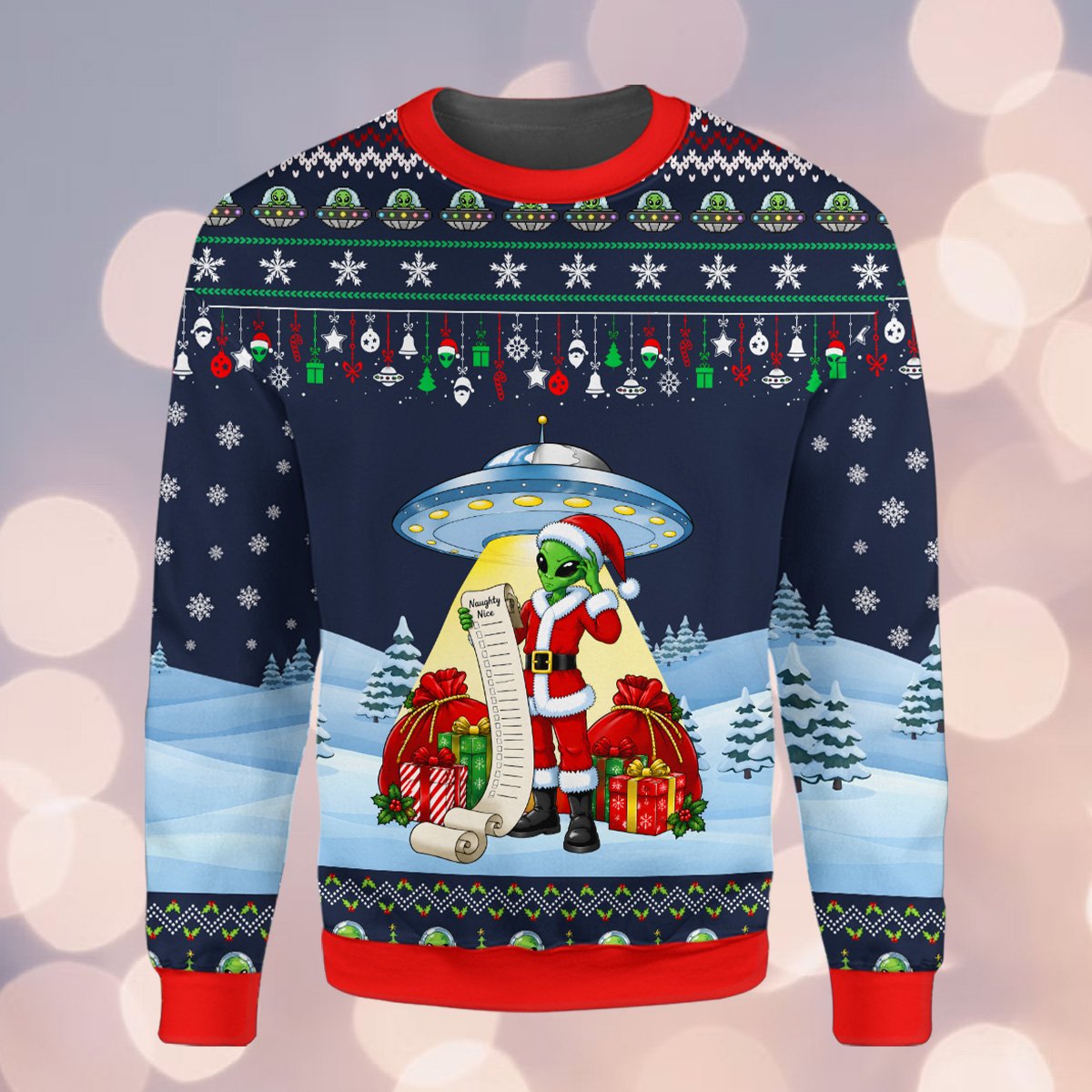 Front view of the navy alien ugly christmas sweater
