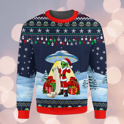 Front view of the navy alien ugly christmas sweater