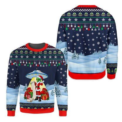 Alien ugly christmas sweater in navy with Santa alien and UFO design, main view