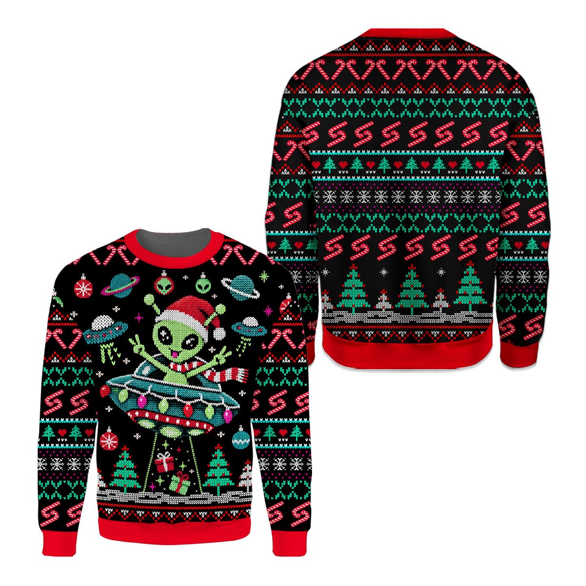 Flat lay front view of the multicolor ugly sweater alien design