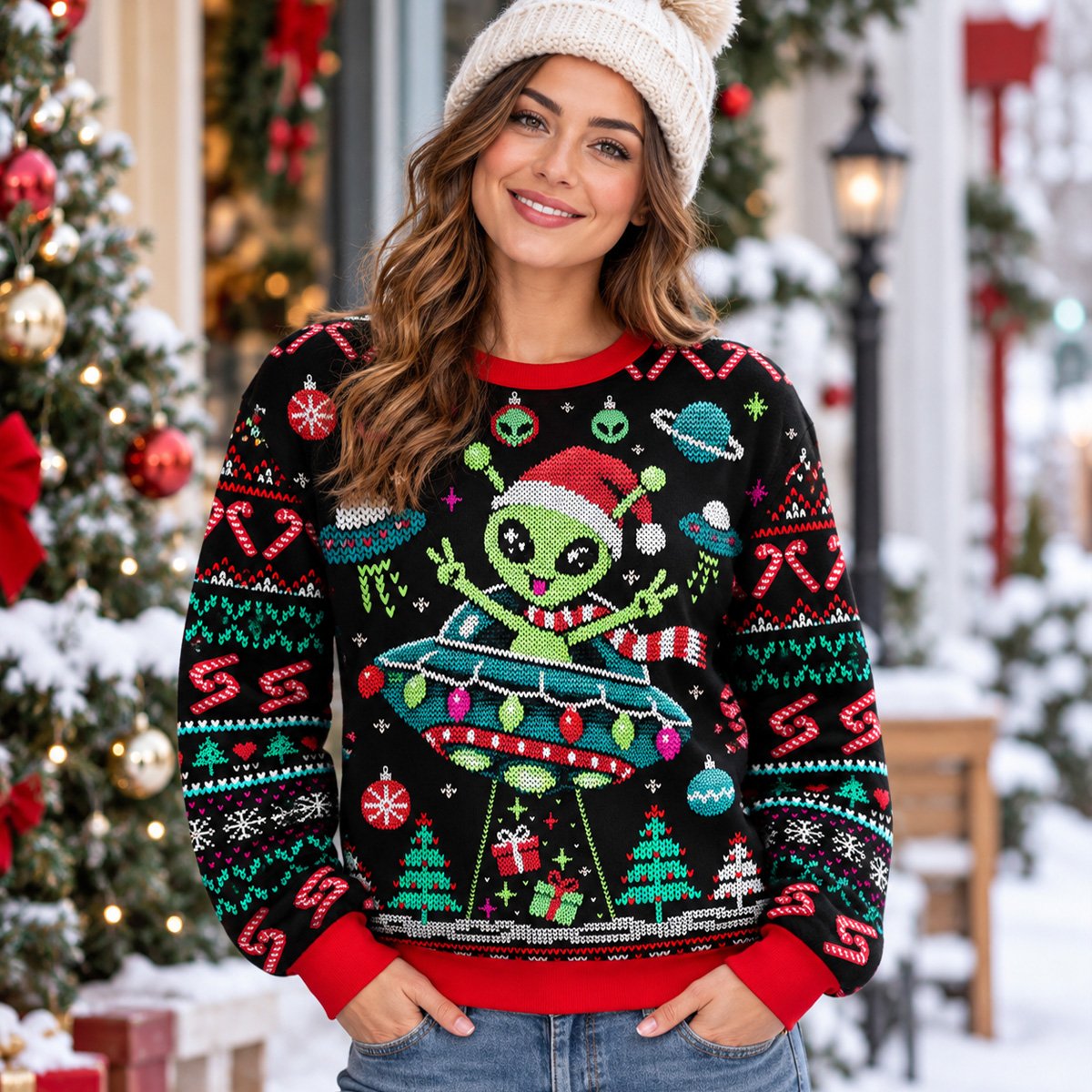 Another front view of the festive alien holiday ugly sweater