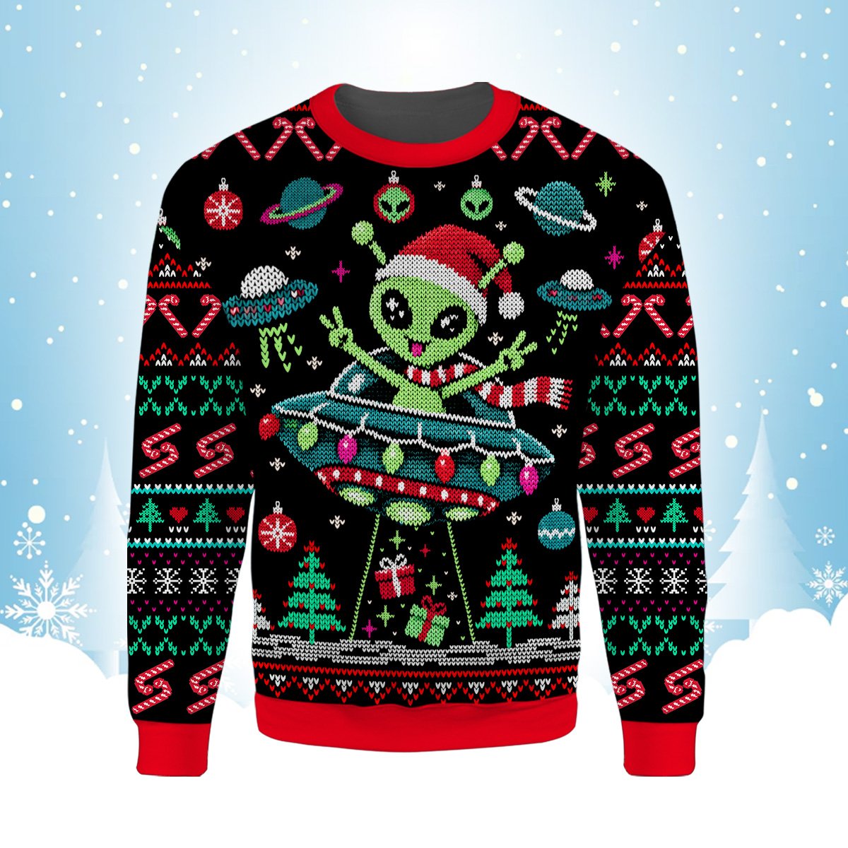 Front view of the black alien ugly sweater with faux-knit Christmas pattern