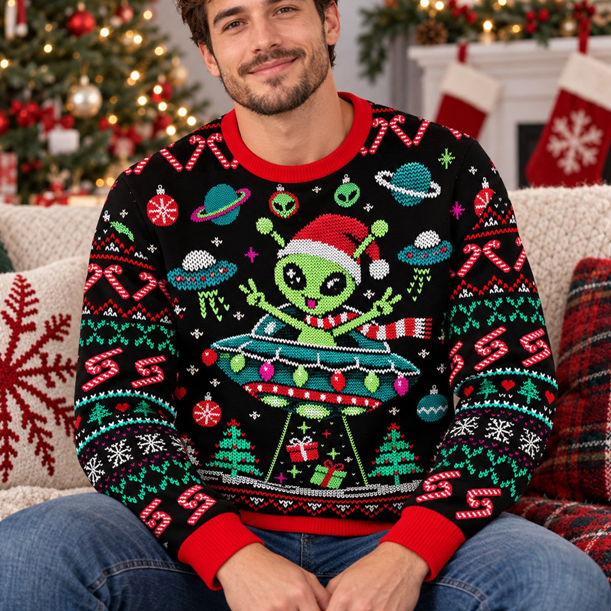 Second lifestyle image featuring the black alien ugly sweater in a festive setting