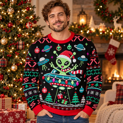 Lifestyle image of an adult wearing the ugly sweater alien at a holiday party