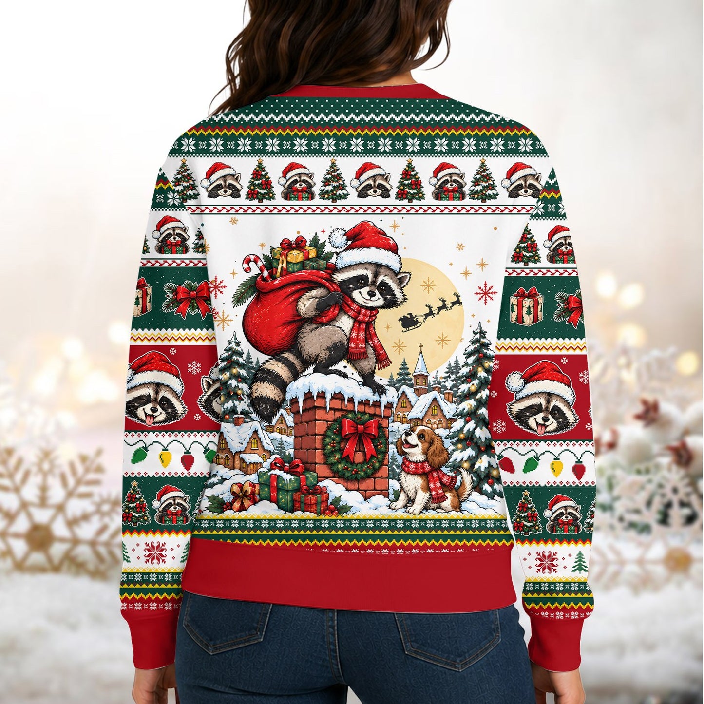 Back view of the holiday ugly sweater showing fair isle patterns and raccoon faces