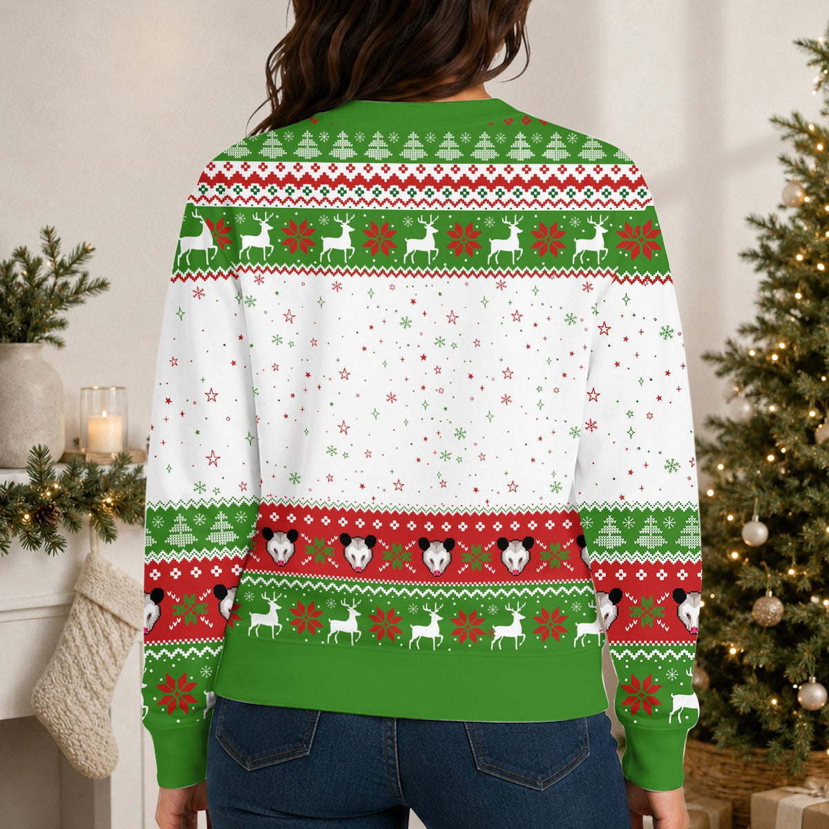 Back view of the opossum holiday ugly sweater