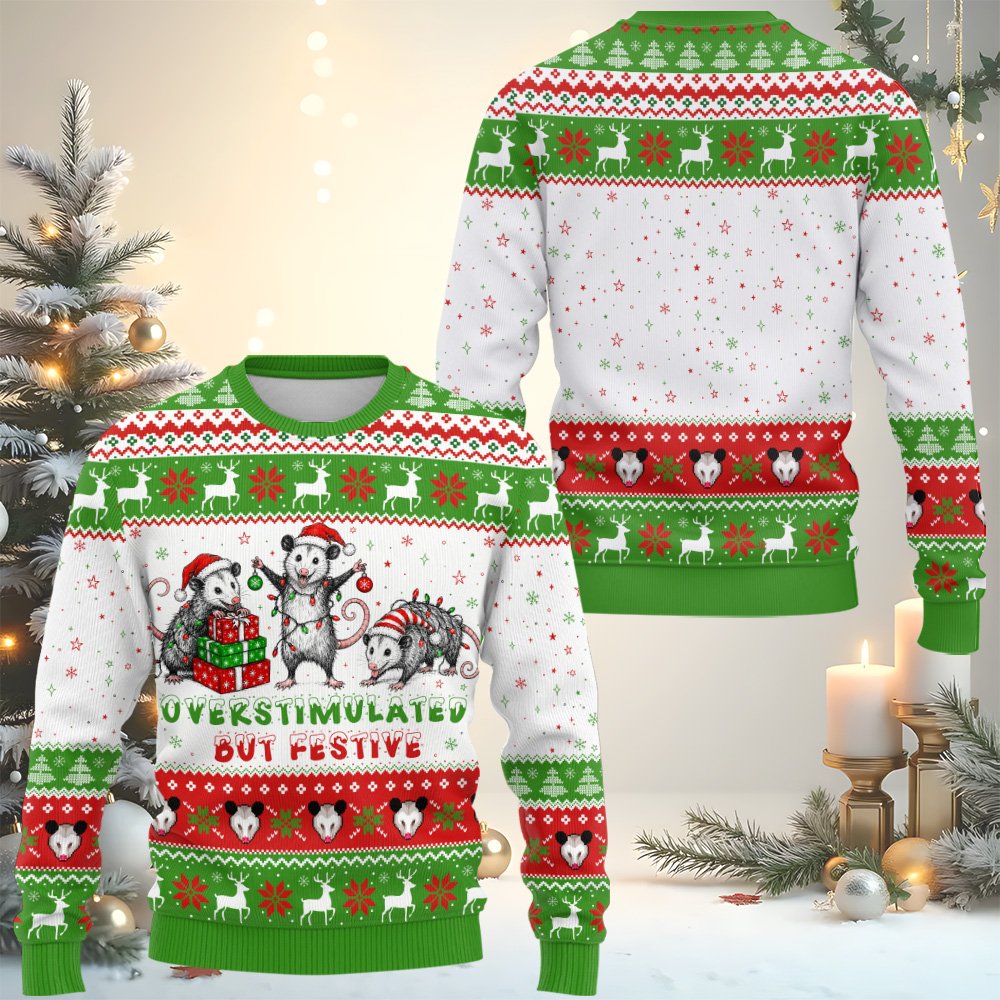 Close up front view of ugly christmas sweater with animals