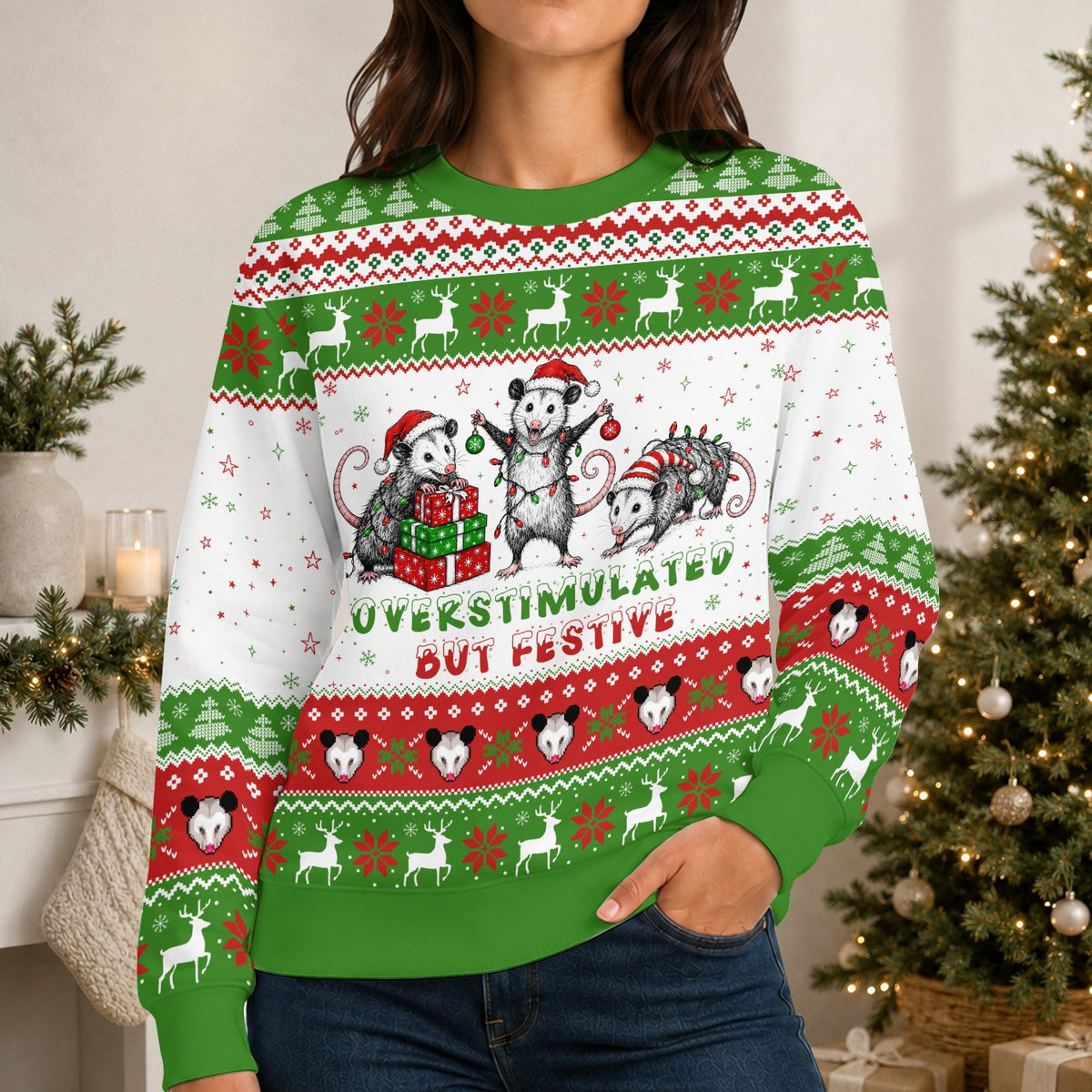 Lifestyle shot of adult humor holiday ugly sweater
