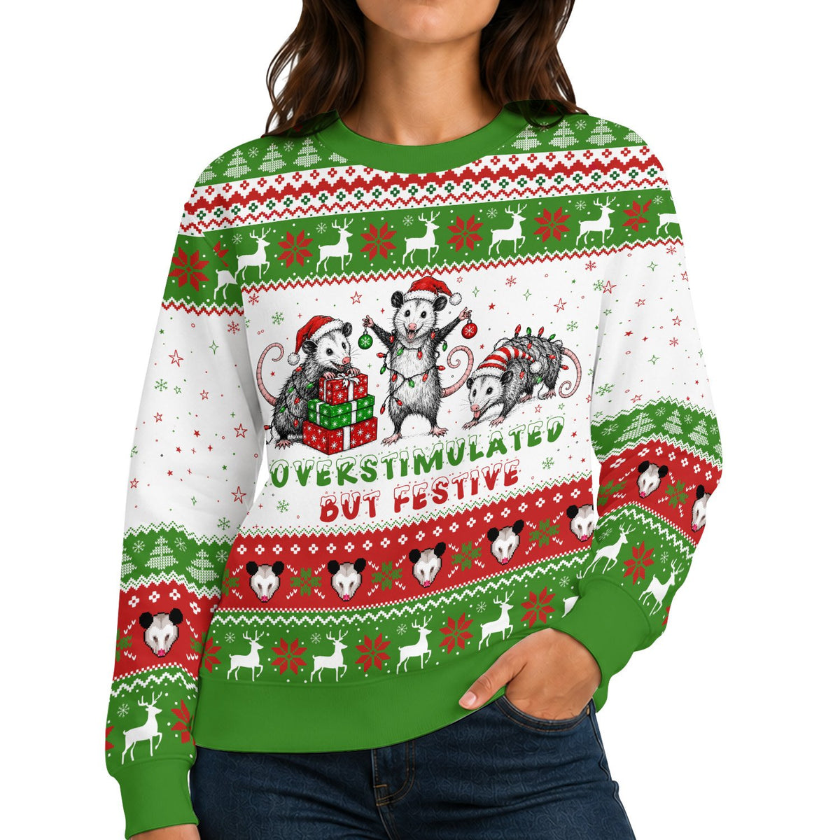 Person wearing the overstimulated opossum ugly christmas sweater