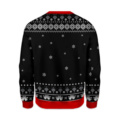 Back view of the badass santa ugly sweater in black