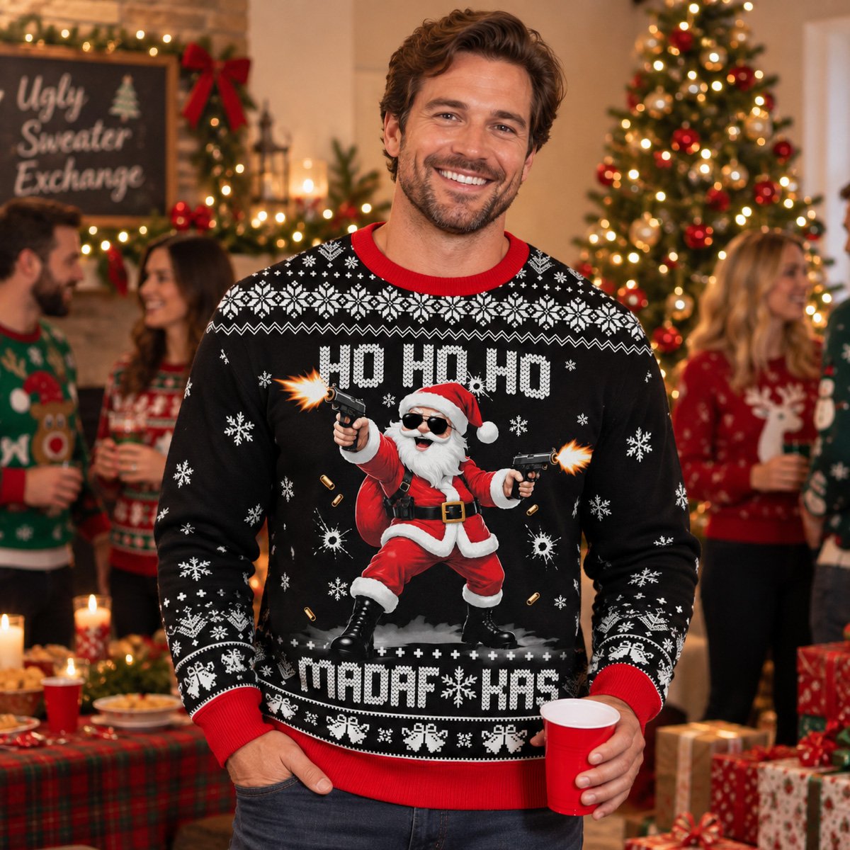 Third lifestyle view of the badass ugly christmas sweater