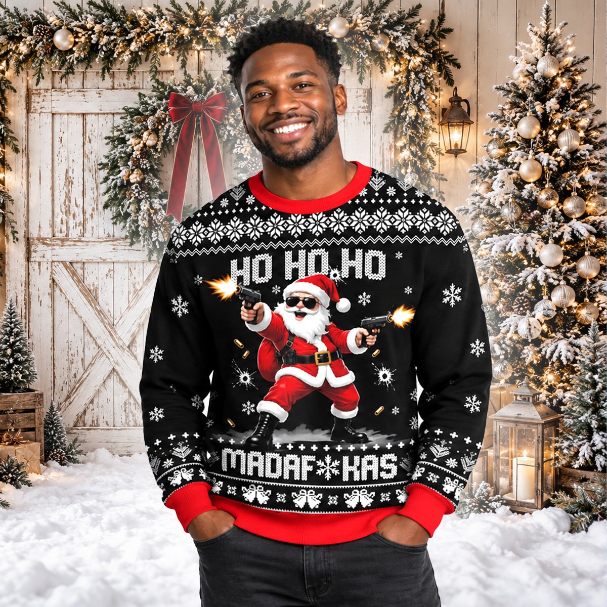 Lifestyle view of someone wearing the badass santa ugly sweater